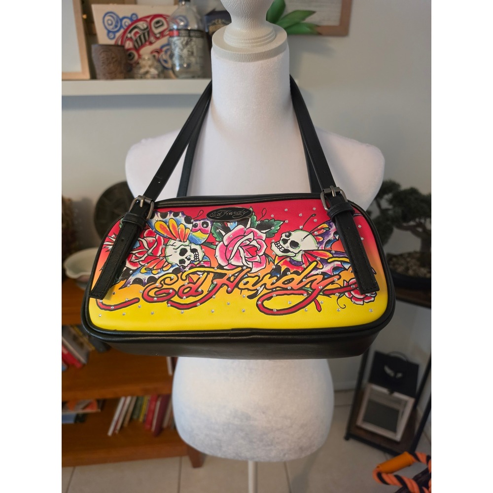Ed Hardy Tattoo Graphic Shoulder Bag Skull Rose Rhinestone Y2K Black Yellow Red